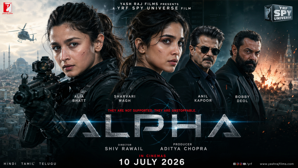Alpha 2026 movie poster featuring Alia Bhatt and Sharvari Wagh in a YRF Spy Universe action thriller directed by Shiv Rawail.