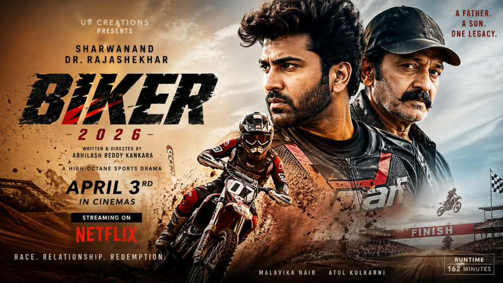 Biker 2026 Telugu movie poster featuring Sharwanand in a high-speed motocross racing scene with Dr Rajashekhar
