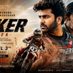 Biker 2026 Telugu movie poster featuring Sharwanand in a high-speed motocross racing scene with Dr Rajashekhar