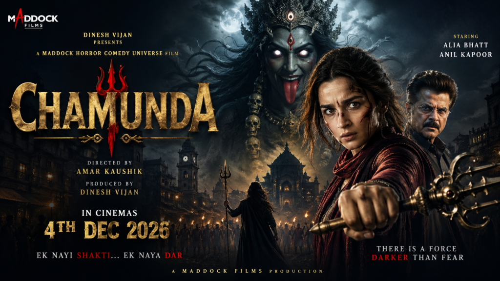 Chamunda 2026 Bollywood horror comedy film poster featuring Alia Bhatt facing a supernatural force in a dark mythological setting