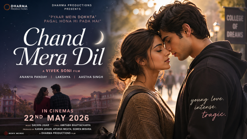 Promotional poster of Chand Mera Dil (2026) showing Ananya Panday and Lakshya in a college romance scene.