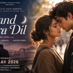 Promotional poster of Chand Mera Dil (2026) showing Ananya Panday and Lakshya in a college romance scene.