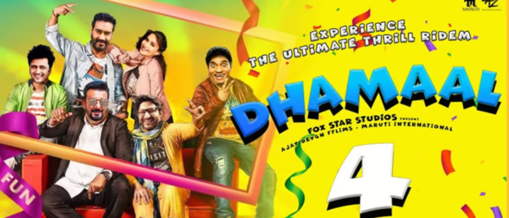 Dhamaal 4 (2026) movie poster featuring Ajay Devgn, Riteish Deshmukh, Arshad Warsi, and Jaaved Jaaferi in a chaotic comedy adventure setting.