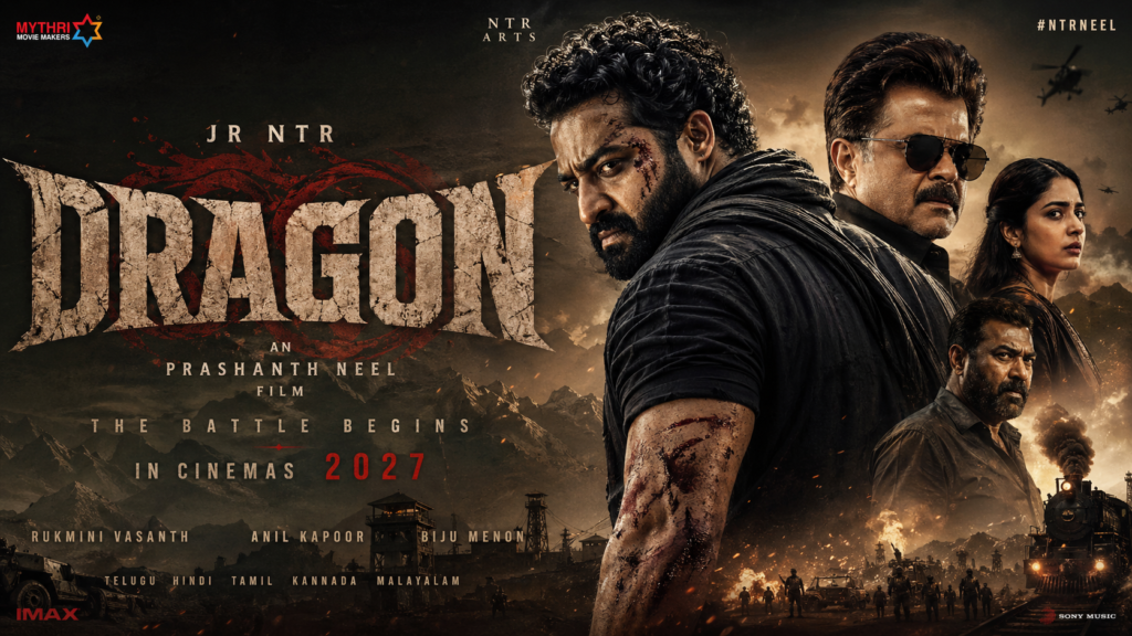 Jr NTR Dragon movie concept artwork showing intense action theme with Prashanth Neel pan-India cinematic style and dramatic lighting.