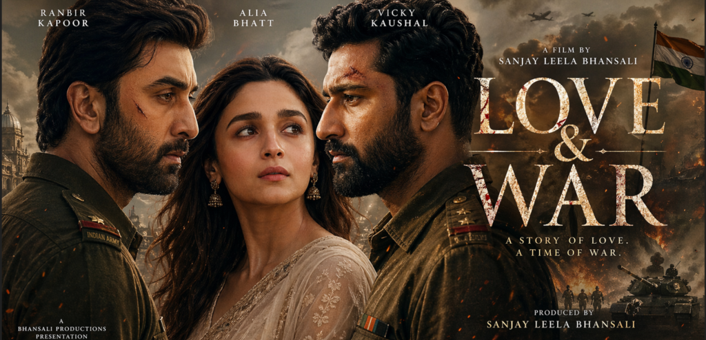 Love & War (2027) movie poster featuring Ranbir Kapoor, Alia Bhatt, and Vicky Kaushal in a dramatic romantic war backdrop with cinematic lighting.