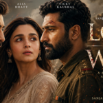 Love & War (2027) movie poster featuring Ranbir Kapoor, Alia Bhatt, and Vicky Kaushal in a dramatic romantic war backdrop with cinematic lighting.