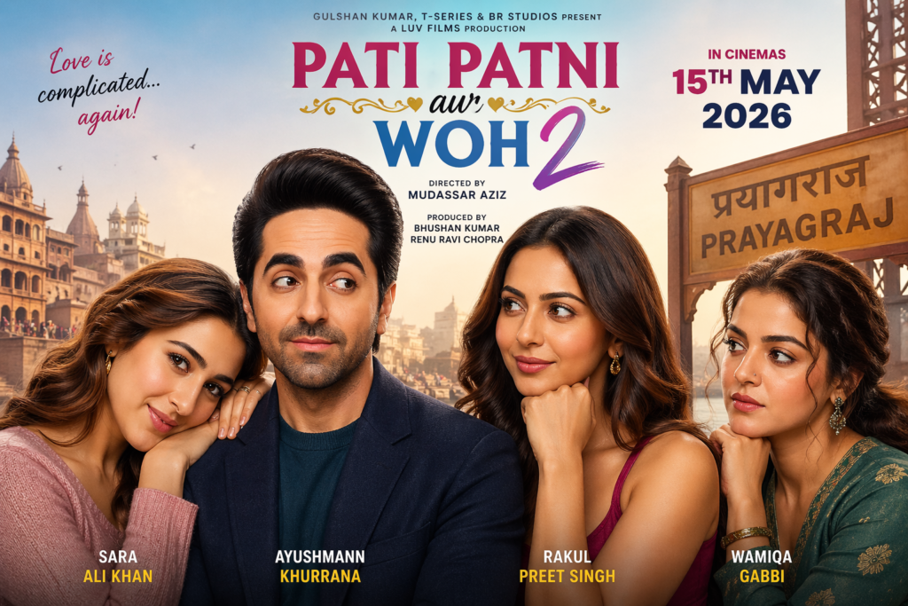 Pati Patni Aur Woh 2 (2026) movie poster showing a fun romantic-comedy vibe with trio characters in a modern chaotic love triangle setting.