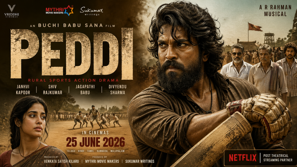 Peddi 2026 upcoming movie rural sports drama poster showing 1980s village setting, intense emotions, action and political storyline.