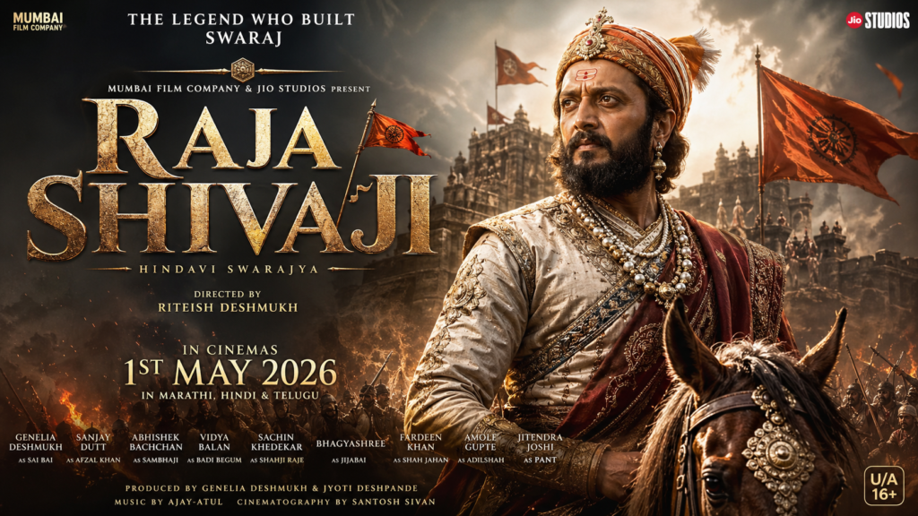 Raja Shivaji 2026 movie poster showing Chhatrapati Shivaji Maharaj in an epic historical battlefield scene with dramatic cinematic lighting.