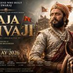 Raja Shivaji 2026 movie poster showing Chhatrapati Shivaji Maharaj in an epic historical battlefield scene with dramatic cinematic lighting.