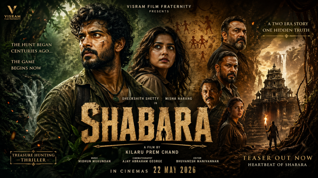 Shabara movie 2026 poster showing forest mystery and treasure hunting theme with lead cast Dheekshith Shetty and Misha Narang in intense look