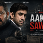 Aakhri Sawal 2026 political drama poster featuring Sanjay Dutt and Amit Sadh in intense courtroom style scene