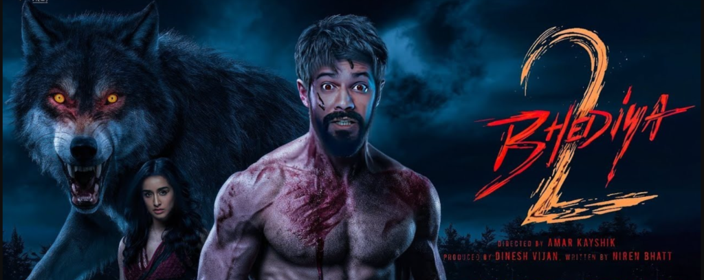 Bhediya 2 (2026) movie poster featuring Varun Dhawan in a wolf-inspired transformation look with dark forest horror-comedy cinematic background.
