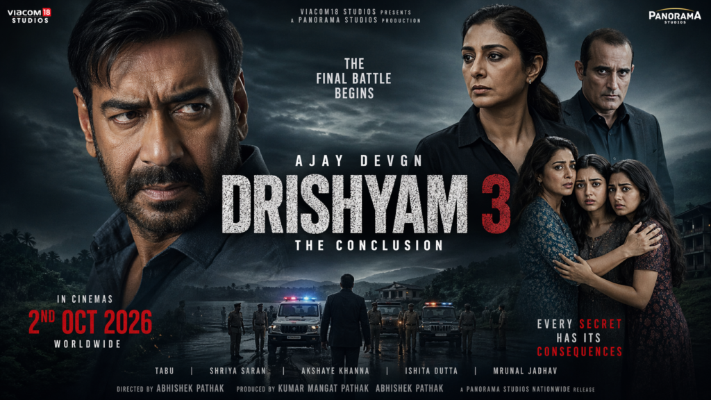 Ajay Devgn as Vijay Salgaonkar in Drishyam 3 intense look during interrogation scene