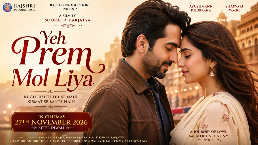 Yeh Prem Mol Liya movie poster featuring Ayushmann Khurrana and Sharvari Wagh in a romantic emotional Bollywood drama directed by Sooraj Barjatya in 2026.