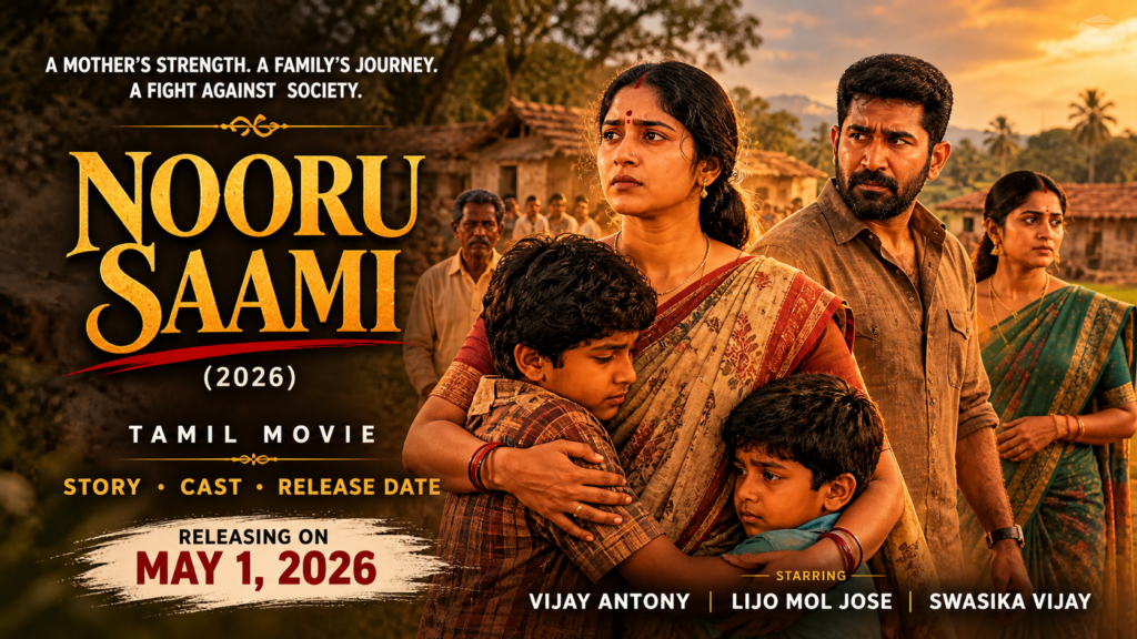 Nooru Saami 2026 Tamil movie poster featuring Vijay Antony in an emotional rural family drama about a mother and her sons facing social challenges.