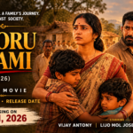 Nooru Saami 2026 Tamil movie poster featuring Vijay Antony in an emotional rural family drama about a mother and her sons facing social challenges.