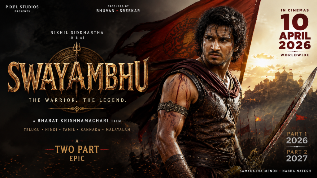 Swayambhu 2026 movie poster featuring Nikhil Siddhartha as a warrior in a period action drama