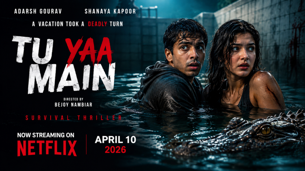 Adarsh Gourav and Shanaya Kapoor in Tu Yaa Main survival thriller movie poster inside a dangerous abandoned pool.