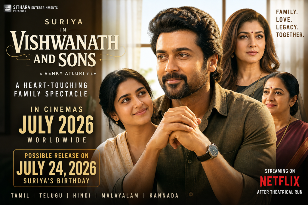 Suriya in Vishwanath and Sons 2026 Tamil family drama film still showcasing emotional family moment with Mamitha Baiju and ensemble cast
