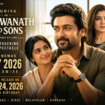 Suriya in Vishwanath and Sons 2026 Tamil family drama film still showcasing emotional family moment with Mamitha Baiju and ensemble cast