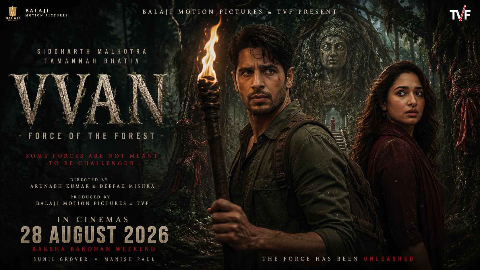 Vvan Force of the Forest 2026 movie forest mystery scene with Sidharth Malhotra and Tamannaah Bhatia in a folklore thriller setting